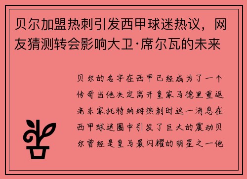 贝尔加盟热刺引发西甲球迷热议，网友猜测转会影响大卫·席尔瓦的未来