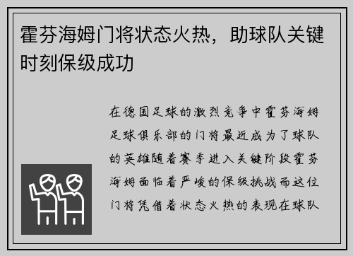 霍芬海姆门将状态火热，助球队关键时刻保级成功